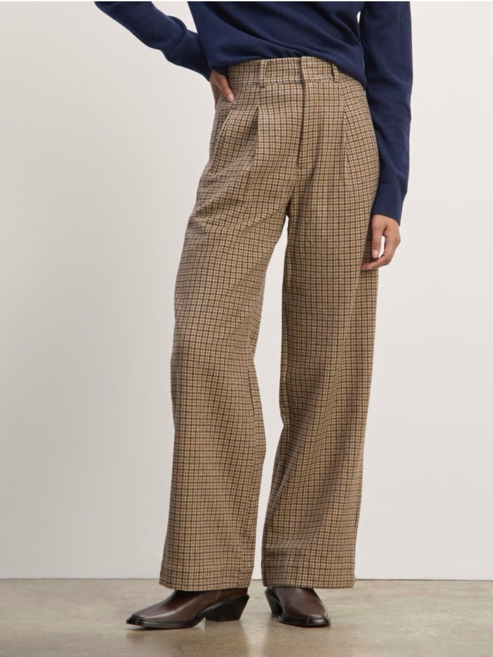 Everlane Draper Wool Pant Camel Houndstooth Wide Leg Trouser 6